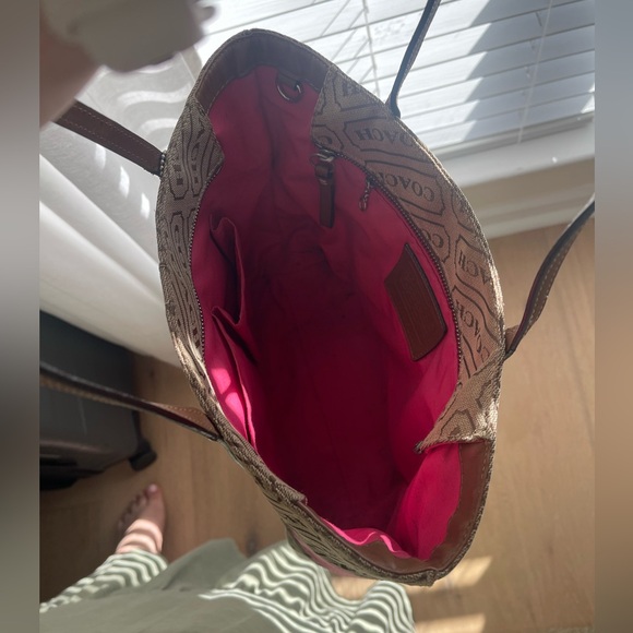 Coach Lozenge Brown Canvas Leather Trim Stripe Zipper Closure Tote Bag - Picture 3 of 5